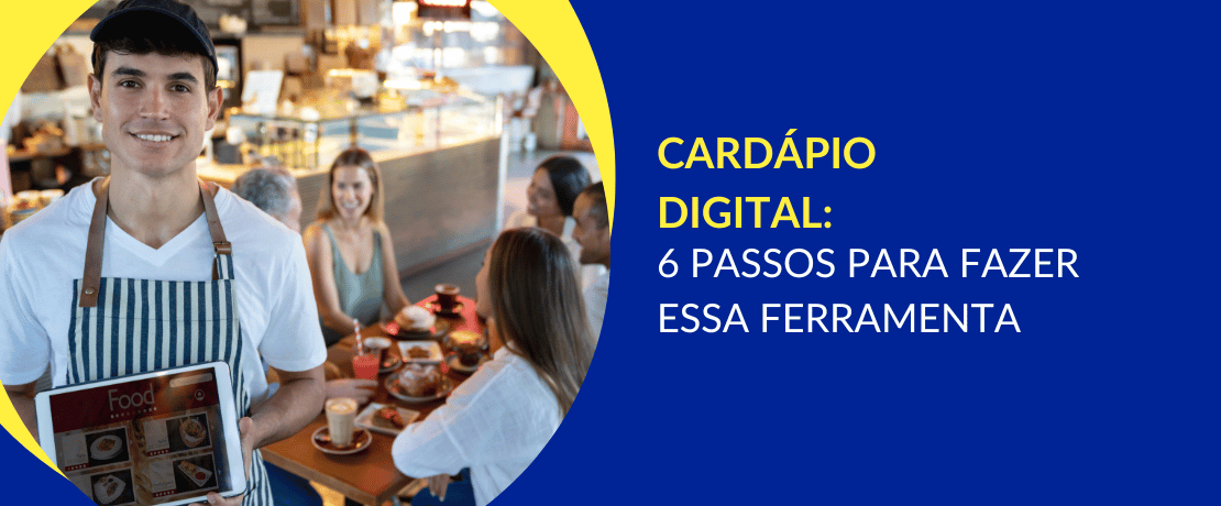 imagem mostra atendente exibindo um cardápio na tela de um tablet e clientes sentados na mesa ao fundo